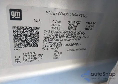 2021 Chevrolet Silverado 1500 4Wd Short Bed Lt Trail Boss из США, поврежденный, VIN 1GCPYFED6MZ304845